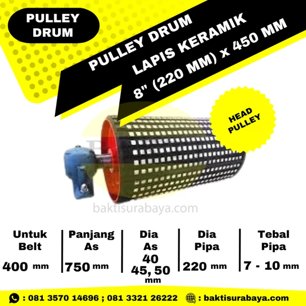 Pulley Drum Lapis Keramik 8" Inch (220 mm) x 450 mm Head Pulley